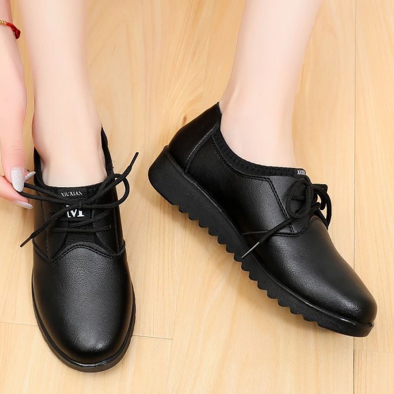Leather Work Oxfords - ソリッドブラックオックスフォードシューズ 女性用ワークレザーウェッジフラットシューズ 女性用カジュアルレースアップスプリングシューズ 女性用キッチンノンスリップローファー