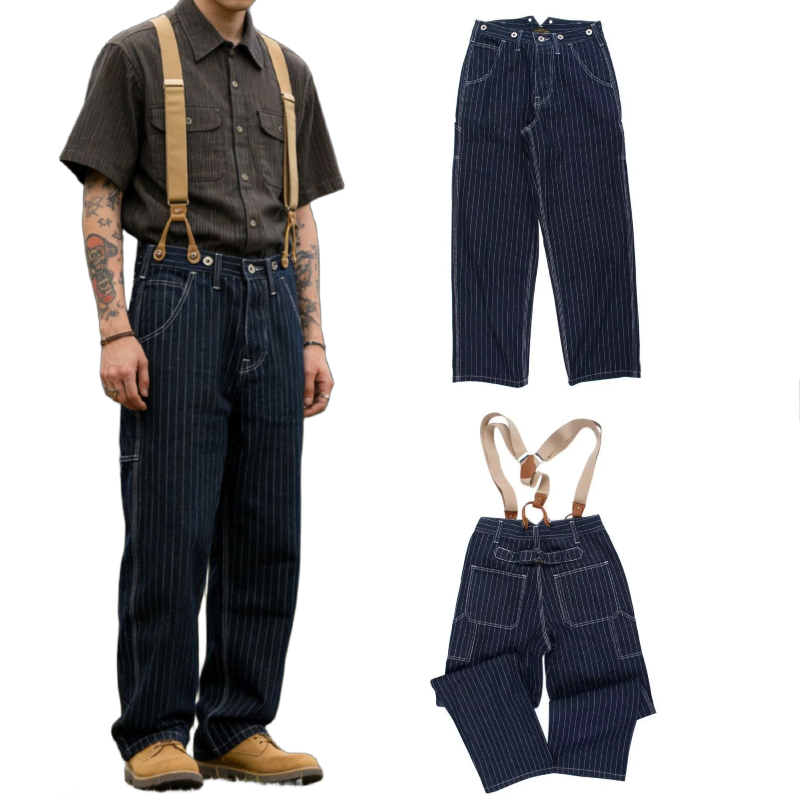 Leather Work Overalls - ヴィンテージ風レールロードストライプデニムオーバーオール メンズ用 調節可能なレザーストラップ付き ブルーデニムジーンズ ワイドレッグ ルーズワークカーゴパンツ
