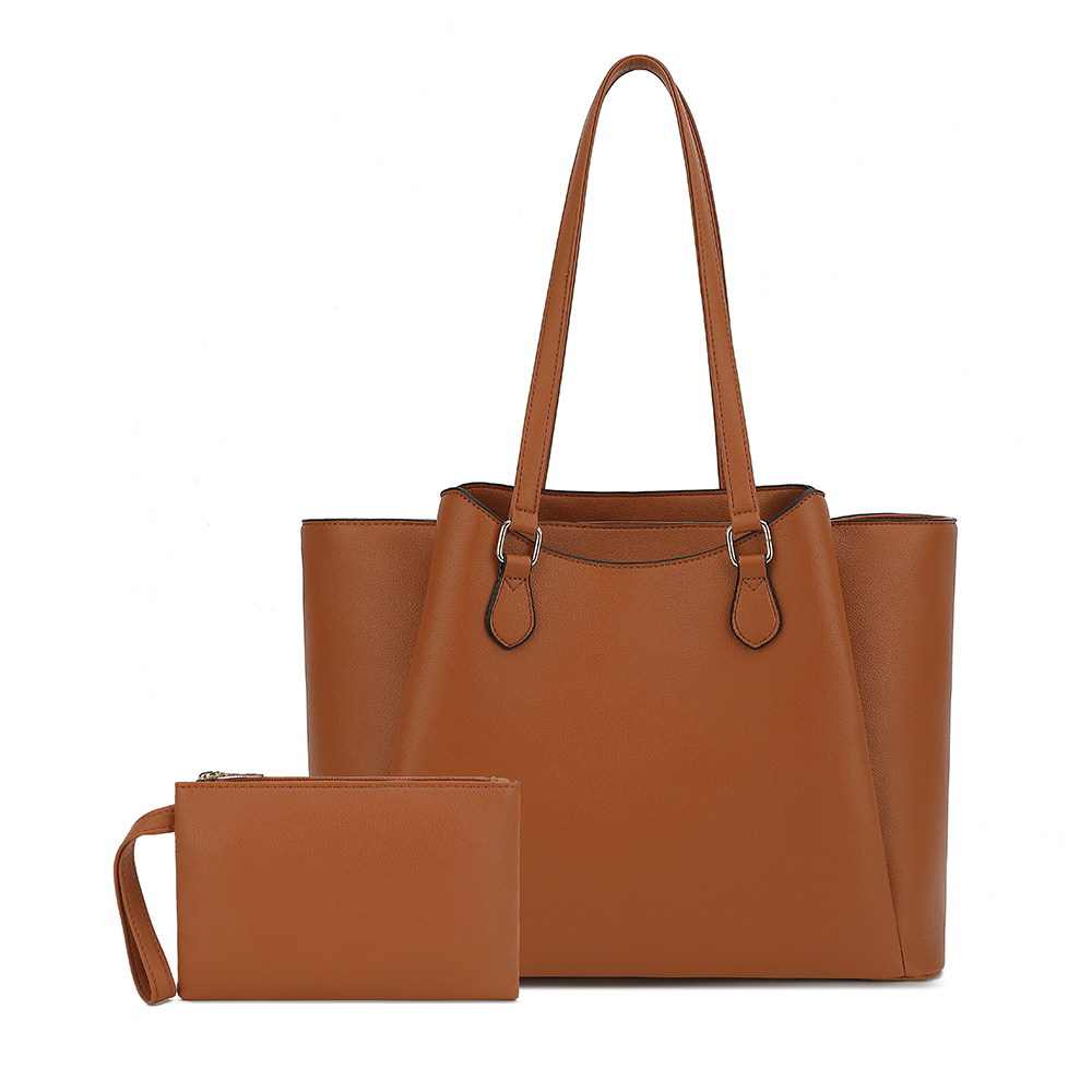 Leather Work Bag Laptop - 女性用トートバッグ、ポーチ付き大型PUレザーショルダーハンドバッグ、13.5インチのラップトップ用ワークトラベルショッパーバッグ、ブラウン、オフィス用