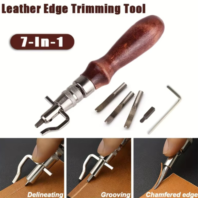 Leatherwork Edge Beveler - 7 in 1 レザーグルーバーツール、プロ仕様調整可能ステッチ加工ツール、折り目付けエッジベベラー、DIY用レザーカービングカッティングツールキット