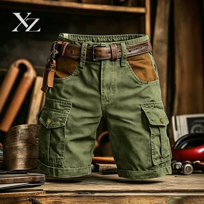 Leather Work Overalls - プレミアムヴィンテージウォッシュドカーゴショーツ（メンズ）– コントラストレザーパッチ付きマルチフラップポケットワークショーツ、耐久性のあるアウトドアウォーキング用