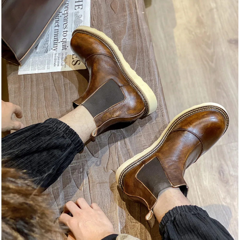 Leather Work Oxfords - レトロメンズ本革チェルシーブーツハイカットレザーワークシューズアウトドアプラットフォームアンクルウエスタンエラスティックオックスフォードブーツ