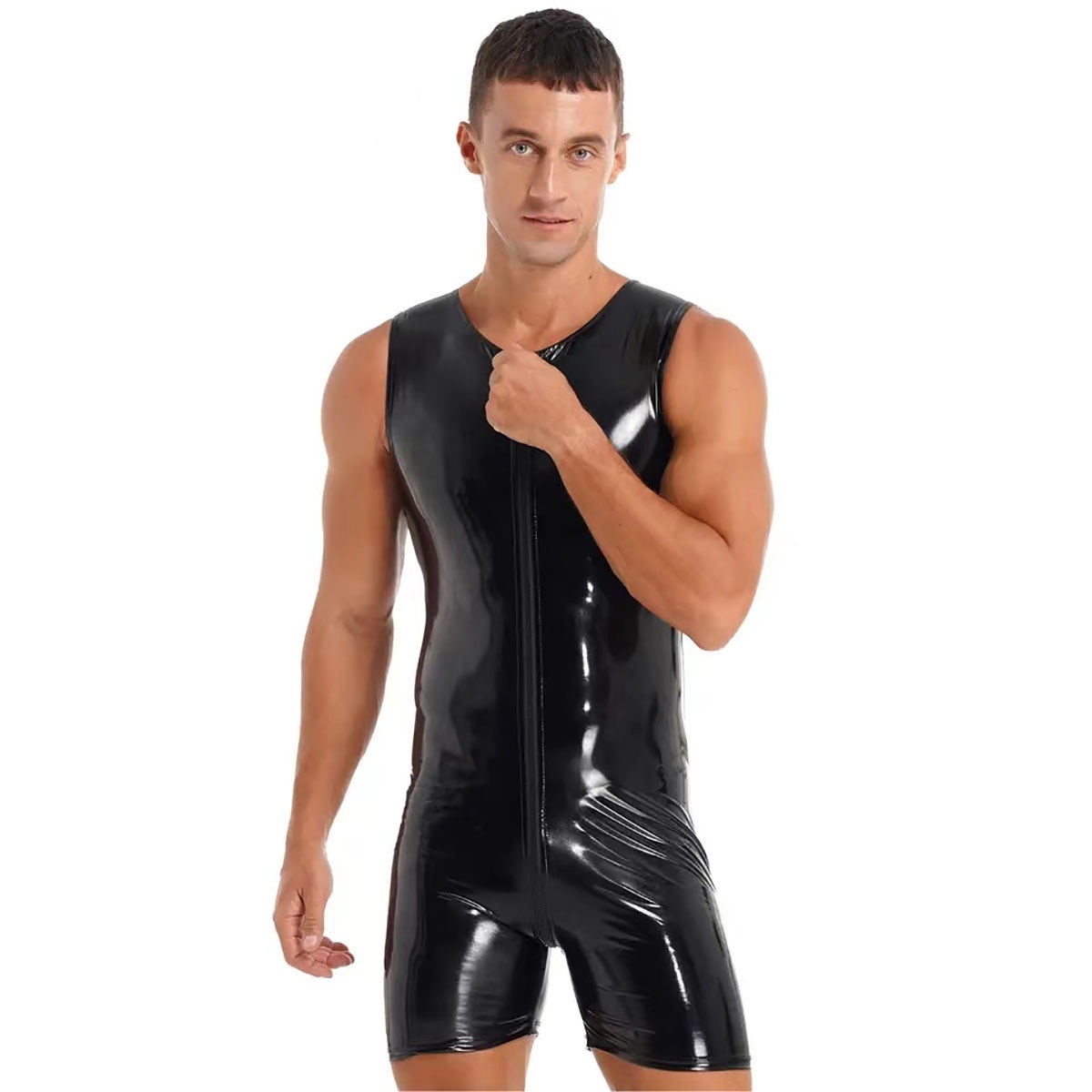 Leather Work Overalls - 男性用ミラーブライトレザージャンプスーツ、セクシーなジッパーパンツ
