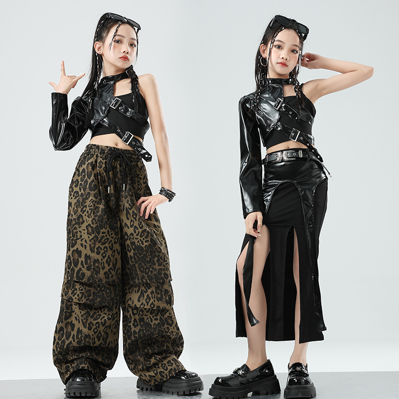 Leather Work Overalls - 新しい女の子用ジャズダンスレザーオーバーオール、ヒョウ柄ワークパンツ、子供用ジャズダンスセット、ステージパフォーマンス衣装