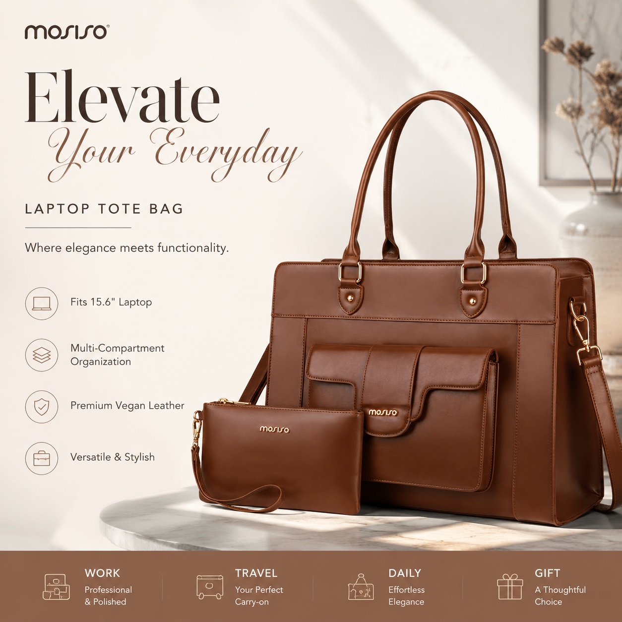 Leather Work Bag Laptop - MOSISO ラップトップトートバッグ 女性用 15.6インチ PUレザー 防水