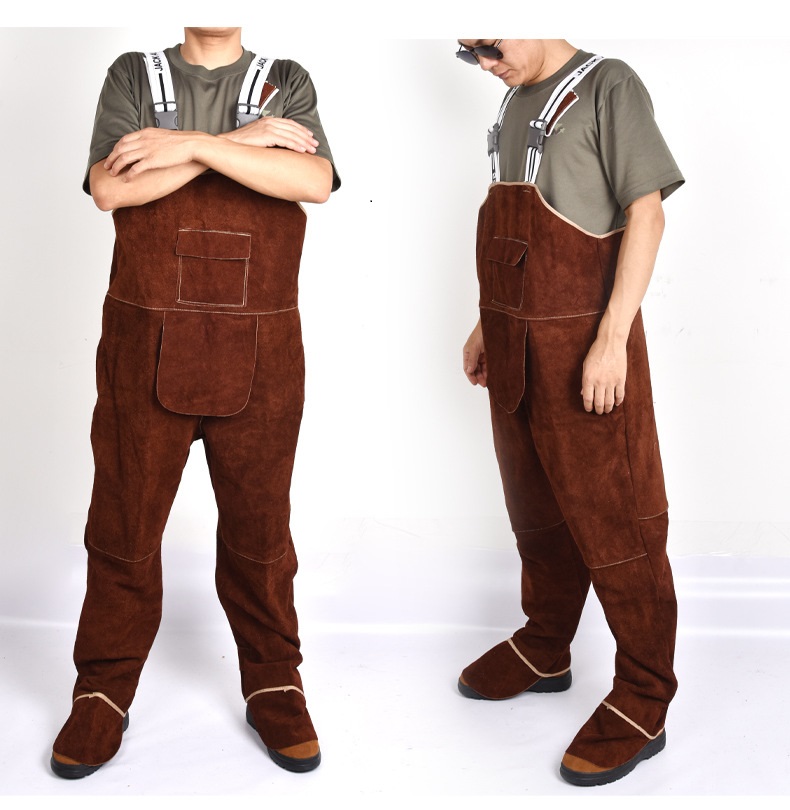 Leather Work Overalls - 溶接服メンズ全体的な安全つなぎ服高温保護革難燃性修理マン溶接機ストラップパンツ