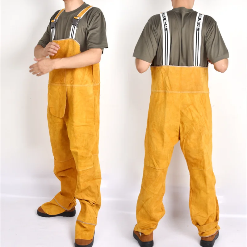 Leather Work Overalls - 男性用牛革溶接ビブオーバーオール,耐摩耗性,保護服,難燃性,溶接ストラップ修理パンツ