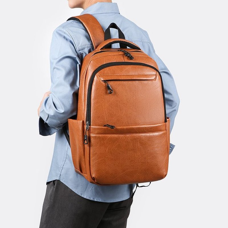 Leather Work Bag Laptop - プレミアムレザービジネスバックパック – 15.6インチノートパソコン対応通勤バッグ、仕事、学校、ハイキングに最適な多機能トラベルデイパック PU