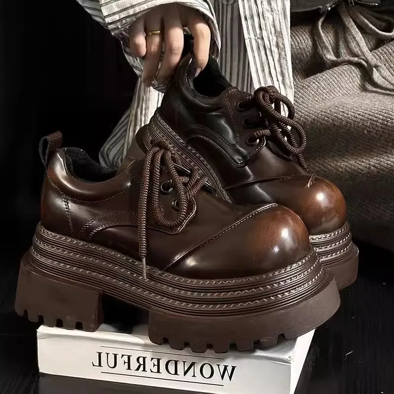 Leather Work Oxfords - 女性レトロローファー 2025 春の新高級ブランド増加厚底レザーオックスフォードシューズレースアップ屋外作業プラットフォームシューズ