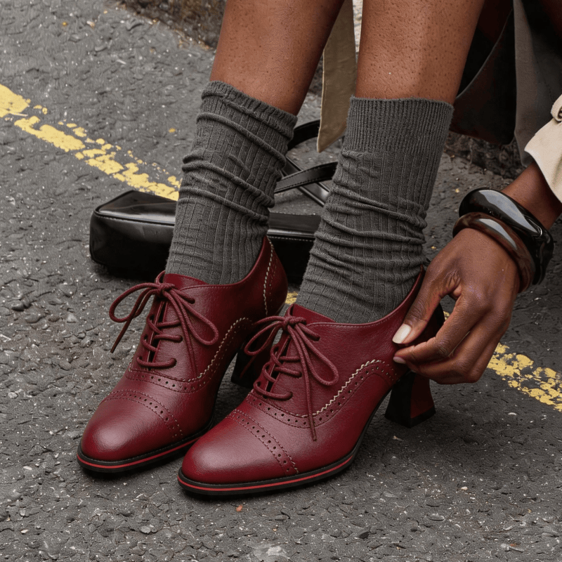 Leather Work Oxfords - レディース フェイクレザー ブローグ オックスフォード ヒール フレア