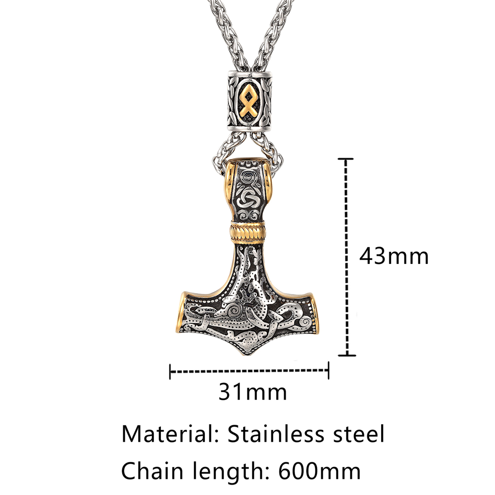 男性用の北欧のルーンビーズが付いた金メッキネックレス,ステン - Leatherwork Hammer のレビューと価格