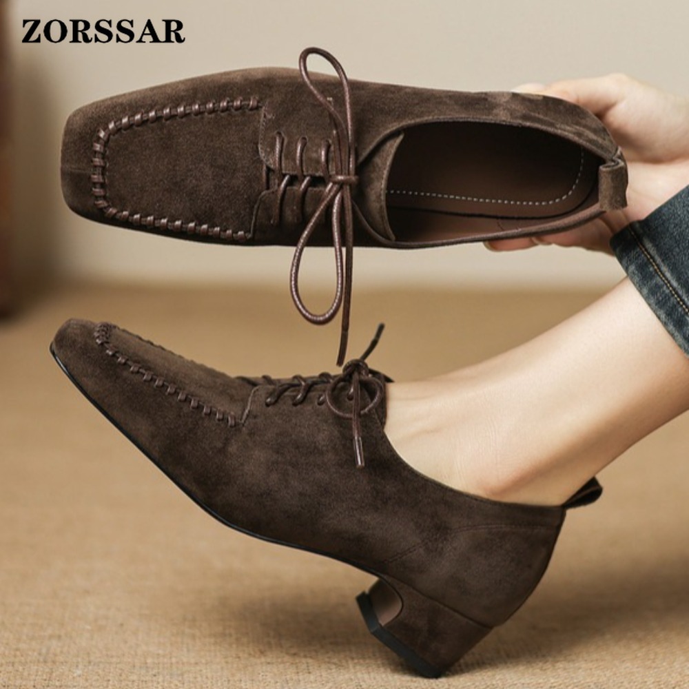 レディース ブラウン スエード スクエアトゥ レースアップ  - Leather Work Oxfords のレビューと価格