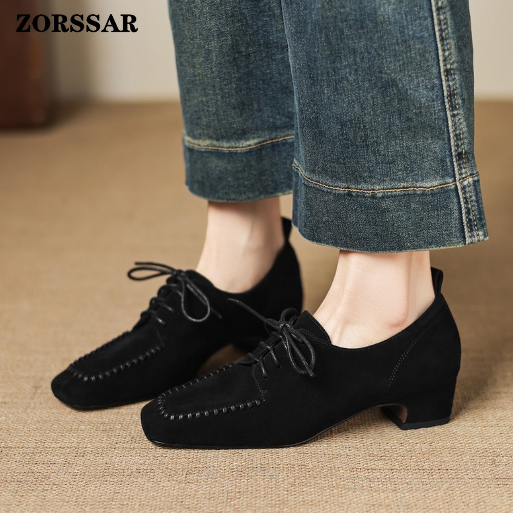 レディース ブラウン スエード スクエアトゥ レースアップ  - Leather Work Oxfords のレビューと価格