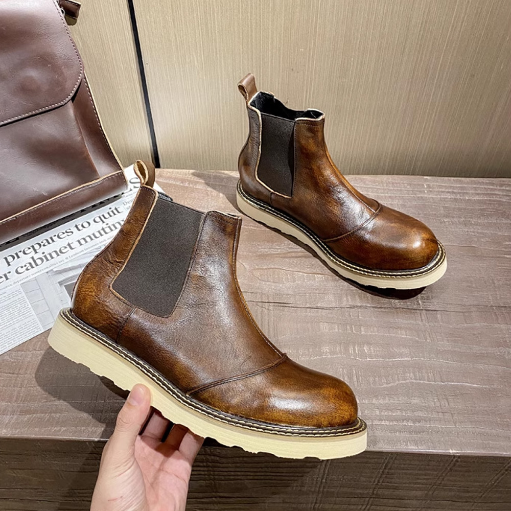 レトロメンズ本革チェルシーブーツハイカットレザーシューズアウ - Leather Work Oxfords のレビューと価格
