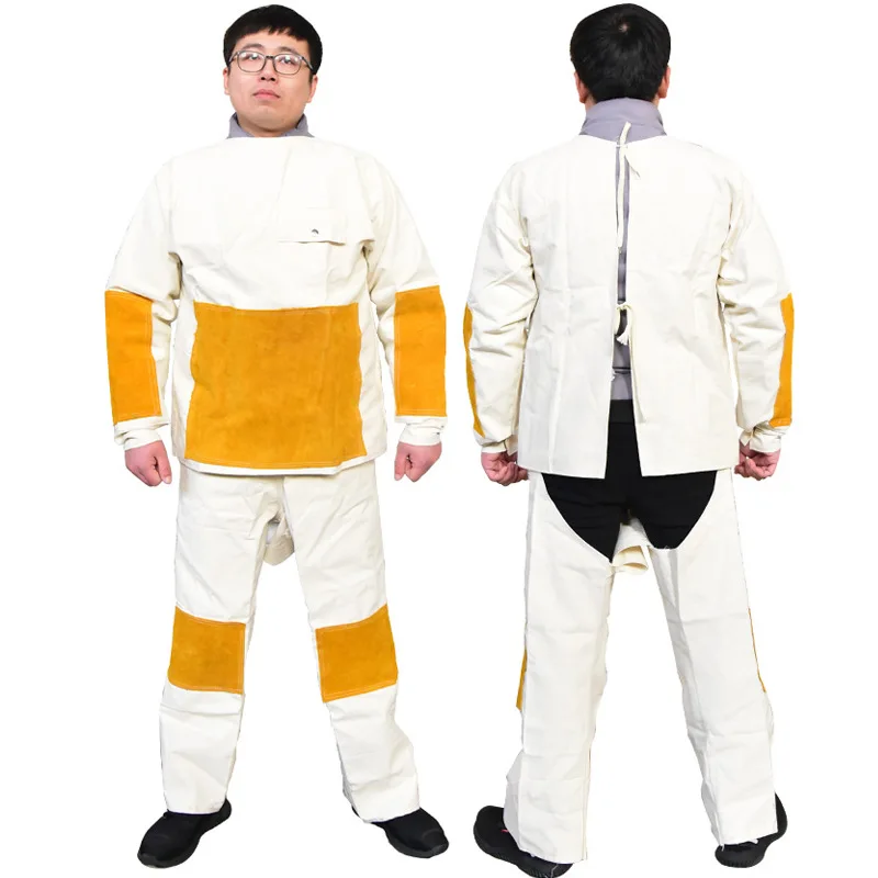 耐摩耗性溶接服、男性用キャンバス牛革溶接スーツ、ジャケットと - Leather Work Overalls のレビューと価格